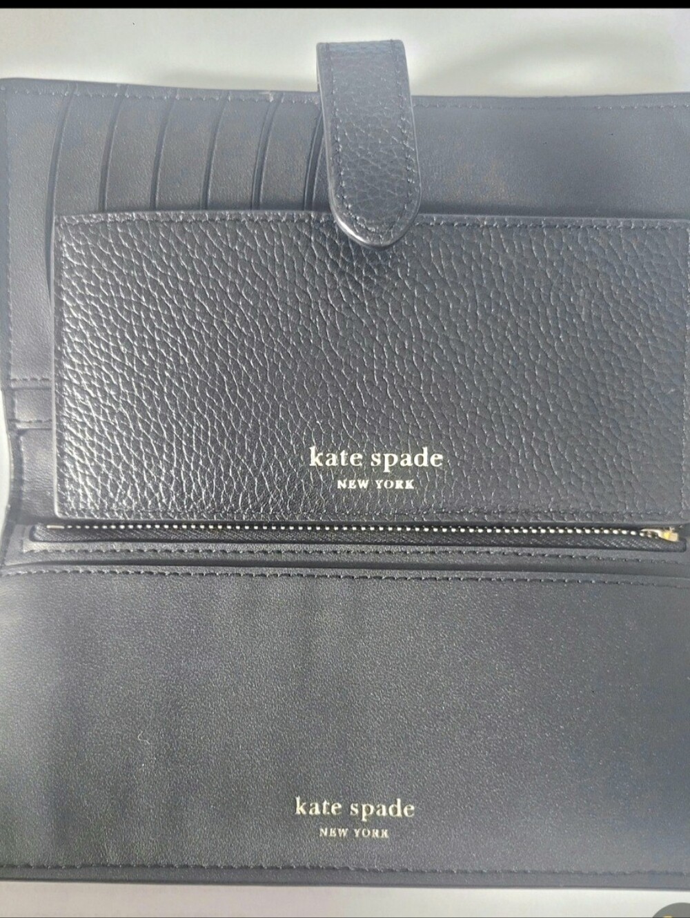 kate spade Black Pebbled Leather Snap Wallet with Gold Logo